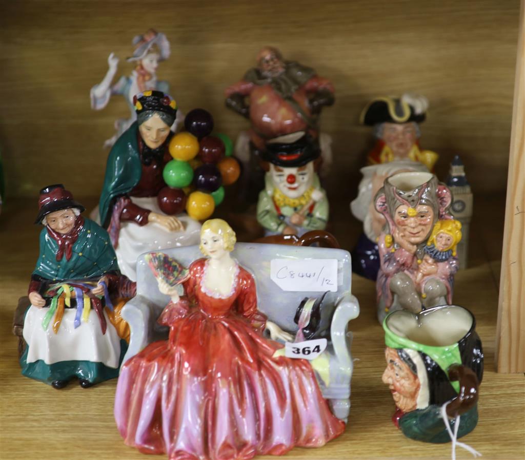 One Royal Doulton balloon seller, three other figurines, plus six character jugs